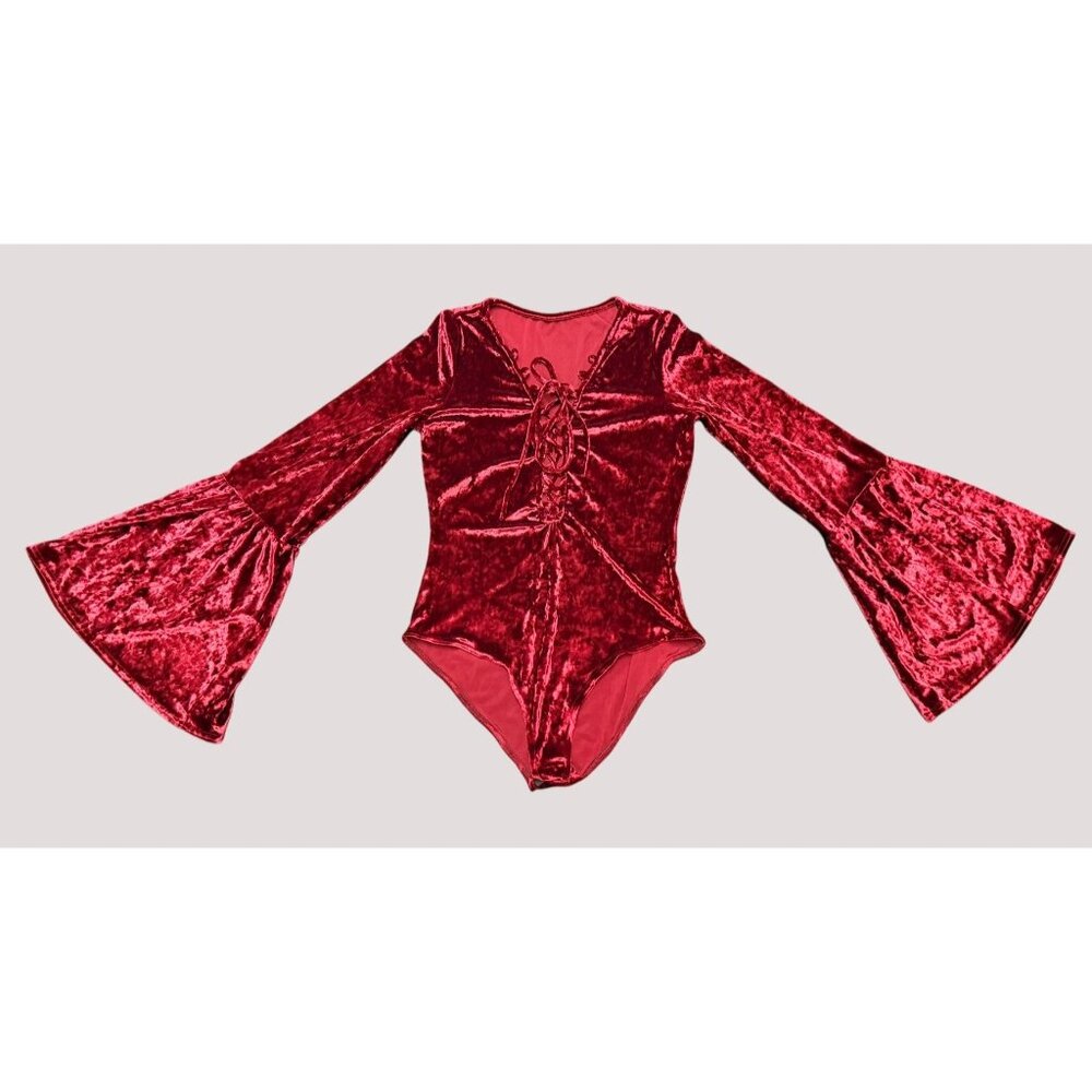 Velvet‎ Bell Sleeve Corset Burgundy Bodysuit Whimsigoth Renaissance